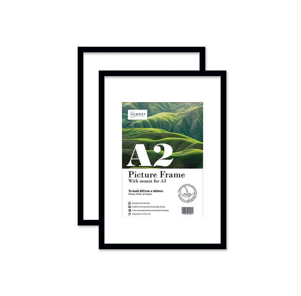 Almost Frameless Black A2 Picture Frame Set Of 2, Display A3 Pictures With Mount Or A5 Without Mount Gallery Wall, Poster, Photo, Artwork, Or Print,