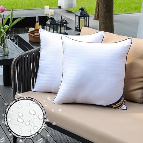 JOJOGOGO 18x18 Outdoor Throw Pillow Inserts Waterproof Set of 2, 18 x 18 Outdoor Patio Furniture Decorative Pillows, Outdoor Front Porch Decor White Chair Accent Pillows (with Deep Blue Piping) Cover