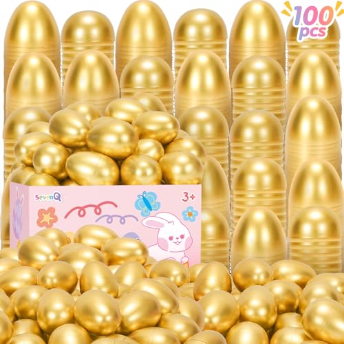 SevenQ Easter Eggs Empty 100Pcs Fillable Plastic Golden Eggs for Easter Basket Stuffers Fidget Toy Easter Gifts for Kids Party Favors Pinata Treasure Box Candy Goodie Bags Fillers Egg Hunt Essentials