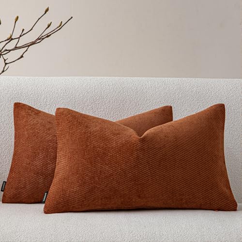 Image of a moment Pack of 2 Decorative Chenille Throw Pillow Covers with Twill Cushion Covers for Sofa Living Room Couch Bed 12x20 Inch Rust
