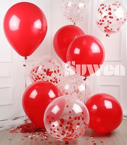 Image of SUWEN Red and Confetti Balloons Set 47PCS Shiny Latex Helium | Red Balloon for Birthday Valentine Mother's Day Anniversary Party Decorations