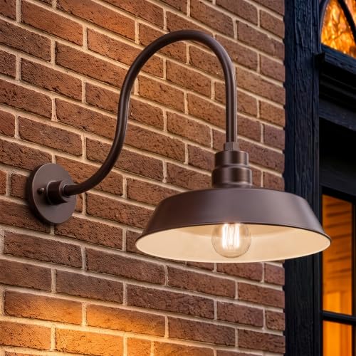 Image of 14in. Architectural Bronze Outdoor Gooseneck Barn Light Fixture With 24in. Long Extension Arm - Wall Sconce Farmhouse, Vintage, Antique Style - UL Listed - 9W 900lm A19 LED Bulb (5000K Cool White)