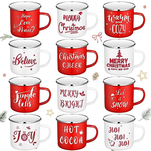 Suttmin 12 Pcs Valentine‘s Day Enamel Coffee Mug Set 12oz, Love Hearts Cup Sweet Romantic Kiss Love Camping Cup Happy Valentine's Gift for Party Anniversary Wedding Table Decor(Believe)