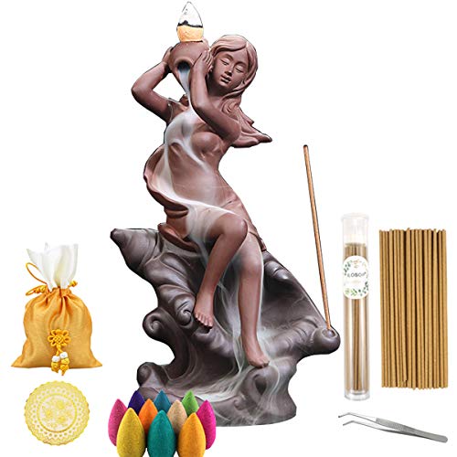 Backflow Incense Holder Conch Beauty Waterfall Incense Burner with 40 Incense Cones 50 Incense Sticks Sets Ceramic Incense Holder Figurine Home Decor Gift Decorations Statue