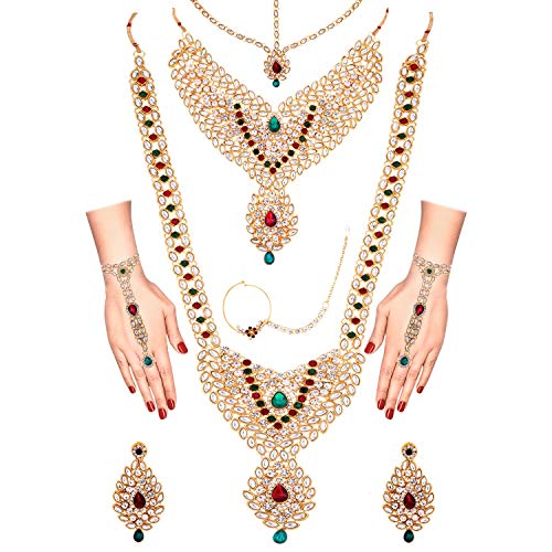 Efulgenz Indian Bollywood Bridal Wedding Kundan Crystal Necklace Earring Maang Tikka Head Chain Nose Ring Bracelet Jewelry Set