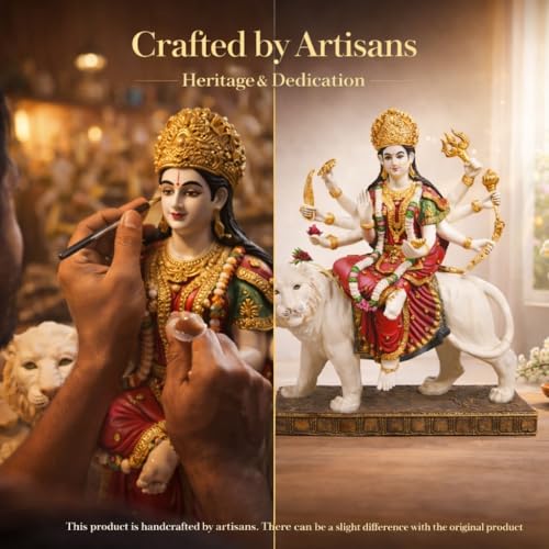 Image of ARMONIA Sherawali Devi Murti for Navratri Decor & Worship | Maa Durga Idol Sitting | Mata Murti for Home Decor, Mandir | Vaishno Devi Durga Mata Statue | Marble Dust Goddess Idol for Gift (14.56 Inch)