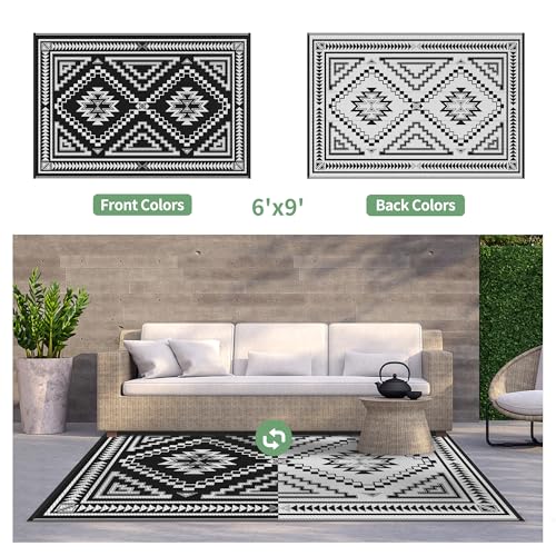 Image of GENIMO Outdoor Rug, Waterproof Plastic Rugs for Patio, 6'x9' Shadow White | Outside Larger Modern Carpet Mat for Porch Decor, Deck, Balcony, Camping, RV, Backyard, Picnic, Beach, Reversible, Foldable