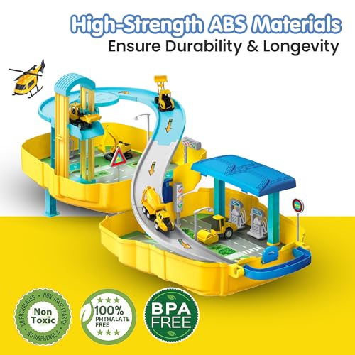 Image of Kidology 2-in-1 DIY Construction Vehicle Set of 4 - Alloy Adventure Cars, Parking Ramp Garage, Dual Handbag Backpack with Track, Montessori Toy for Toddlers & Kids, Birthday Gift for Boys & Girls