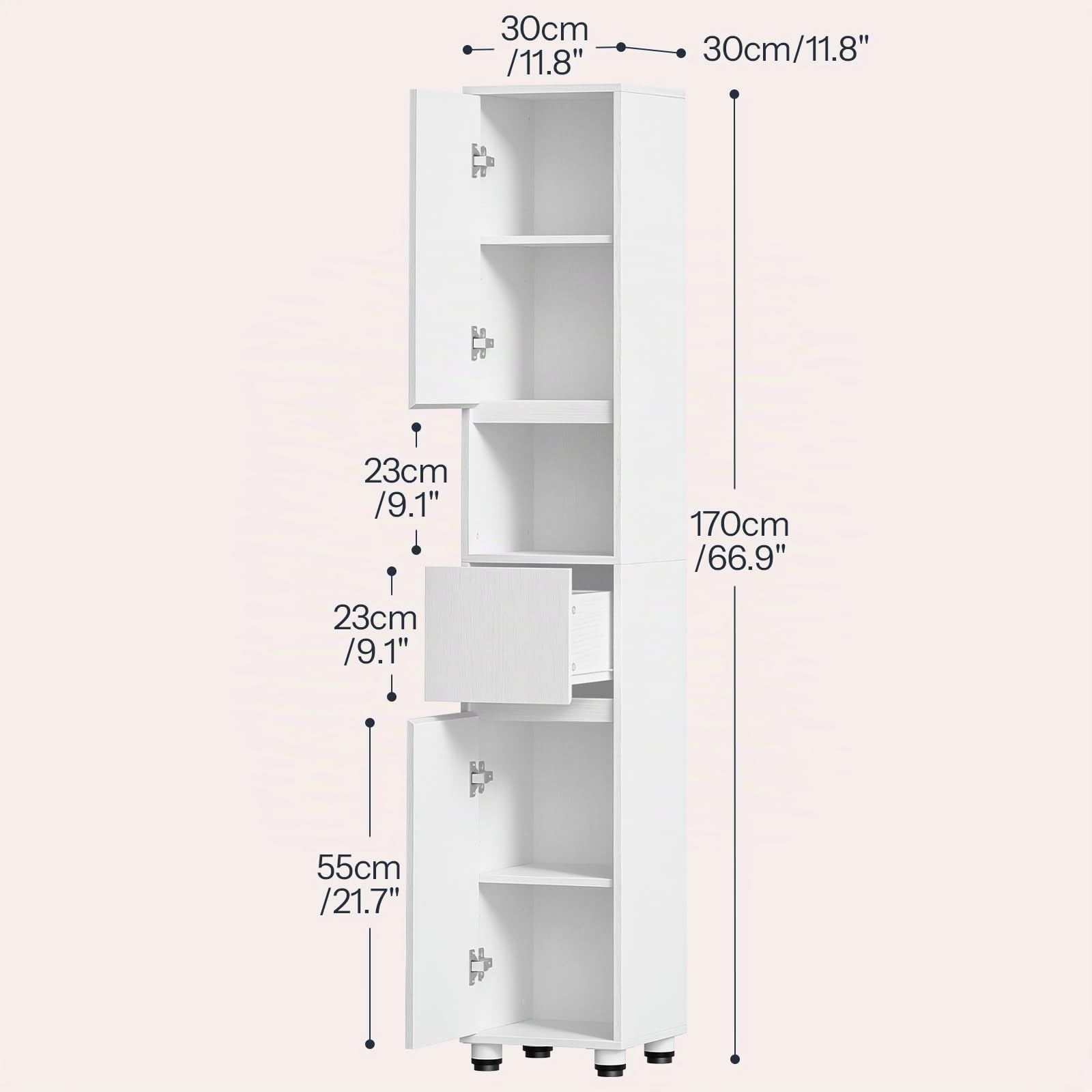 HOOBRO Armario de Baño de 30 x 30 x 170 cm, Puertas y Estantes Interiores Ajustables, 1 Compartimento Abierto y 1 Cajón, para Espacios Reducidos, Baño, Pasillo y Cocina, Acabado en Blanco EWW22BC01