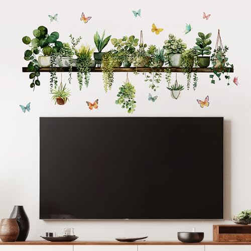 3D Potted Green Plant Shelf Wall Decals - Green Plant Wall Stickers,Peel and Stick Leaves Boho Wall Art Decor for Bedroom Living Room Office (Butterfly Green Plant Potted Plant Decal)