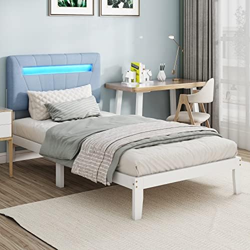 Letto in legno, letto singolo, testiera imbottita con striscia luminosa a LED in 7 colori, letto