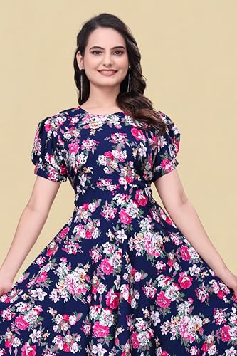 Image of Women's A-Line Crepe Maxi Dress | Stylish Fit and Flare Dress with Round Neck Short Puff Sleeves for Casual Wear