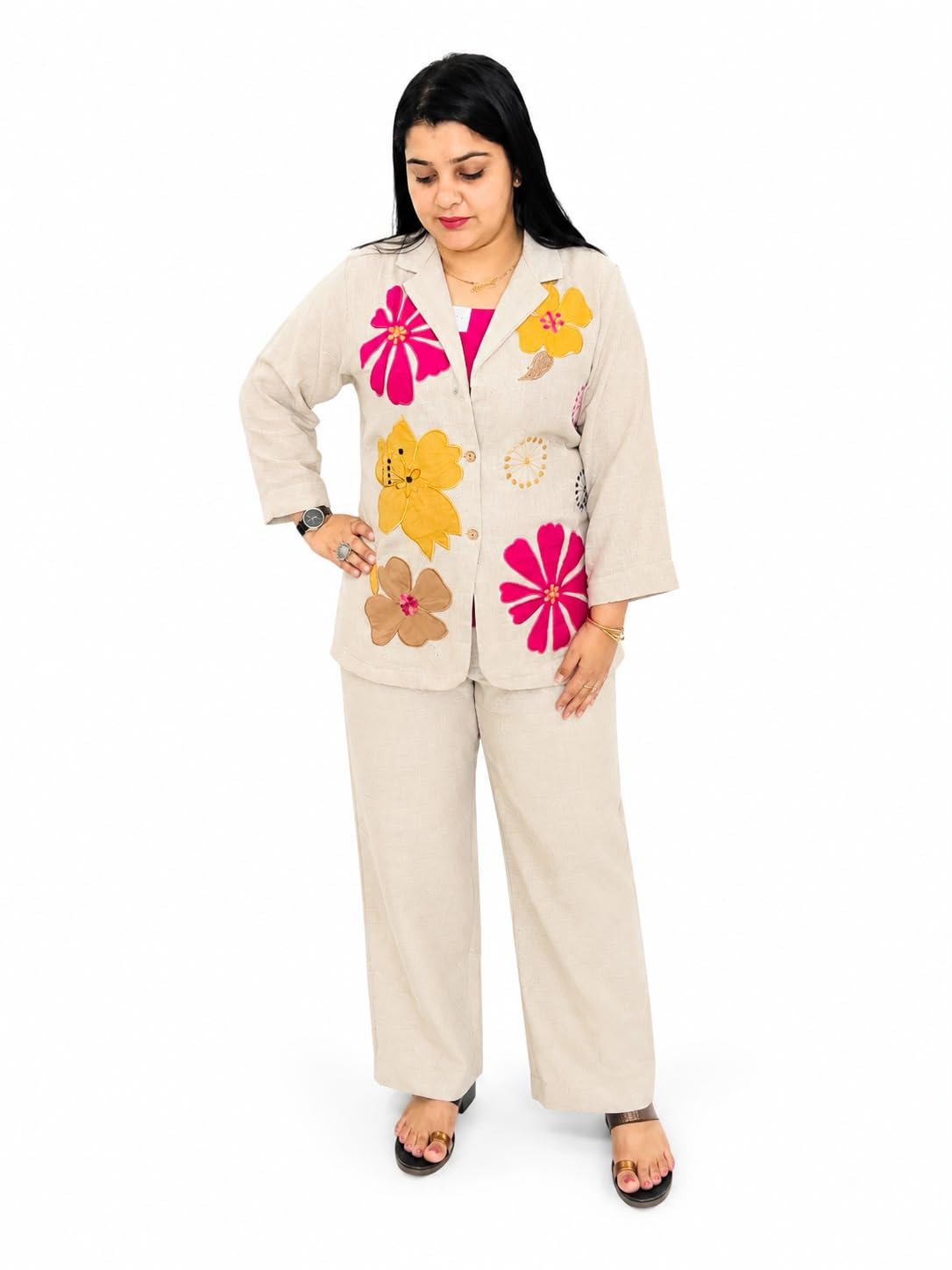 aishleen attire Women's Floral Applique Linen Blend Co-Ord Set | Designer Shirt Style Top & Straight Pants | Casual Ethnic Western Fusion Outfit for Women-picture-14
