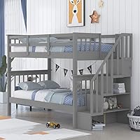 Harper & Bright Designs Bunk Beds Twin Over Twin with Stairs, Wood Bunk Bed Frame with Storage and Guard Rail,Twin Bunk Beds for Kids, Bedroom, Dorm, Teens, Adults,Grey