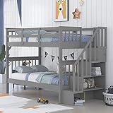 Harper & Bright Designs Twin Over Twin Bunk Bed with Stairs and Shelf for Storage, Solid Wood Bunk Beds Frame for 2, Saving Space and Wood Support, Grey