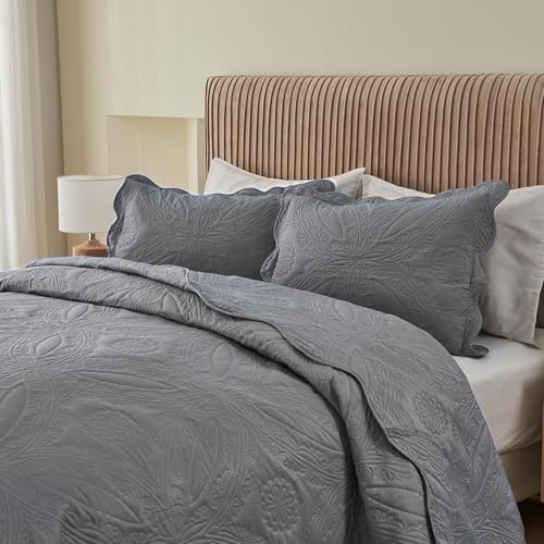 Image of Kingnex Exta Wide Oversized King Bedspreads 128x120 for Tall King or Cal King Bed Ultrasonic Quilted Coverlet Set 3 Piece Include 1 Quilt 2 Pillowcases Grey
