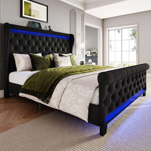Belffin King Size Bed Frame with Headboard,50' Tall Headboard Upholstered Velvet Platform Bed with LED Lights & 2 USB Port/1 Type C Port, Button Tufted, No Box Spring Needed,Noise Free,Black