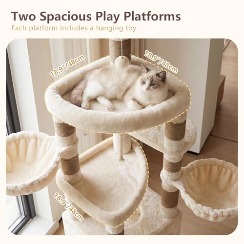 Image of Heybly Cat Tree, 82.7″ Extra Tall Cat Tower for Large Cats Adult HCT063MJ | Giant Cat Condo with Multi-Level Platforms, 2 Baskets, Spacious Cat Cave, Wide Sisal Scratching Board, Beige