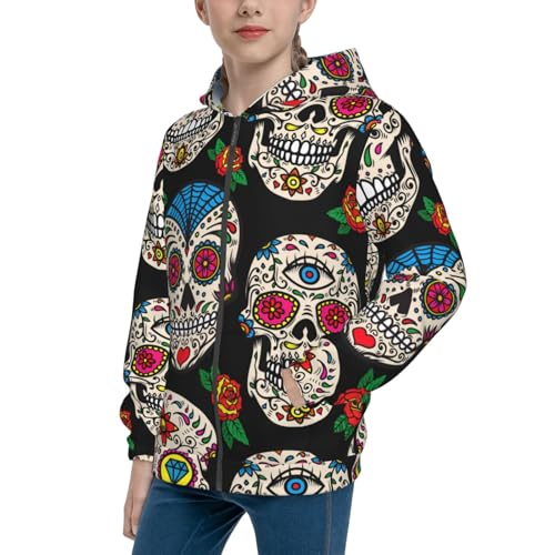 Sugar Skulls and Roses Kid Hoodies Boys Zip Up Sweatshirts Girls Pullover with Pocket