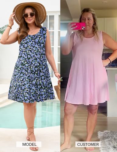 Image of JollieLovin Women Plus Size Curvy Summer Tank Sun Dresses Sleeveless Causal T-Shirt Dress Beach Swing Cover up(L-5X)