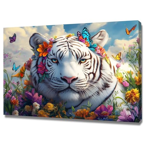 Tableau sur Toile Tigre 40x60 Multicolore Déco Murale Fleurs et Papillons Salon