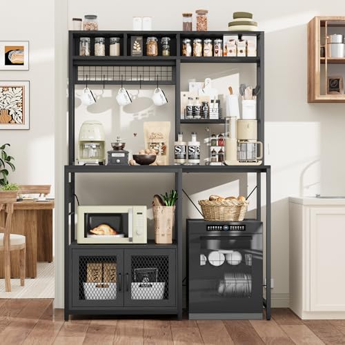 GarveeHome Kitchen Bakers Rack with Refrigerator Storage, Microwave Stand with Power Outlet and Storage, Coffee Bar Cabinet, Freestanding Shelf for Pantry Living Room, Black