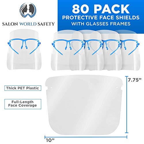 Image of TCP Global Salon World Safety Face Shields with Blue Glasses Frames (Case of 80) - Ultra Clear Protective Full Face Shields to Protect Eyes, Nose, Mouth - Anti-Fog PET Plastic, Goggles