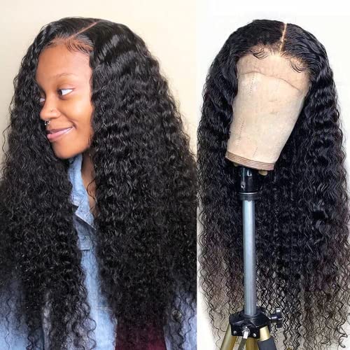 30 Inch Human Hair Wigs for Black Women Brazilian Deep Wave Lace Front Wigs Human Hair Pre Plucked 150% Density Deep Curly Wave Wigs With Baby Hair Natural Color
