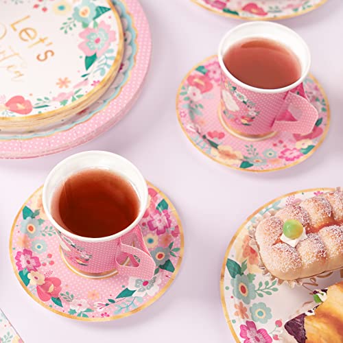 Decorlife Disposable Tea Cups Serves 24, Floral Paper Tea Party Cup Set Includes 5" Saucers, 7Oz Teacups With Handles, Tea Party Supplies For Girl's Birthday, Baby Shower, Total 48Pcs #TOP5