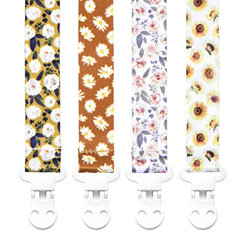 Image of Baby Pacifier Clip Holder - Girl 4 Pack Gift Set – Boho Neutral Flowers Floral (Camila)