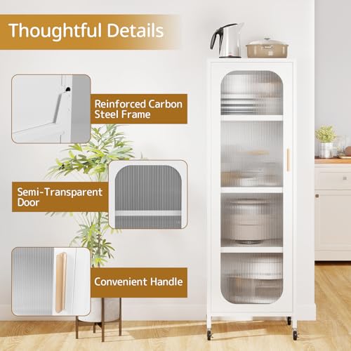 COSTWAY Tall Kitchen Cupboard, 5-tier Buffet Pantry Storage Cabinet with Adjustable Shelves, 2 Base Options, Semi-Transparent Door & Anti-tipping Device, Freestanding Narrow Sideboard Unit (White) - Image 5