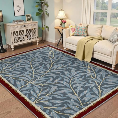 Tappeti 140x200 Per soggiorno camera da letto foglia blu moderna lavabile in lavatrice tappeti botanici vintage a motivo salice tappeto morbido pavimento a pelo ridotto con retro antiscivolo per