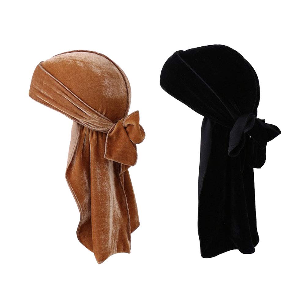 camelliass 2 x Velvet Durag for Men Women Long Tail Durag Head Bandana Hat Pirate Bandana Turban for 360 Wave-picture-15
