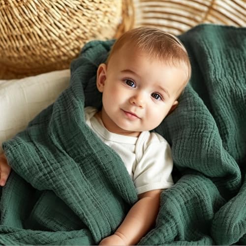 Image of EMME Muslin Blankets for Adults Throw Blanket for Couch Breathable Gauze Soft Lightweight Airy Forest Green Baby 40 inch x 50 inch