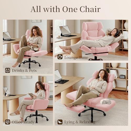 Image of Office Chair with Flip Armrests,Big and Tall Office Chair with Foot Rest,Extra Wide Seat & Lumbar Pillow,Comfy Criss Cross Chair for Pets Sitting,Ergonomic Computer Gaming Chair,Teddy Fleece,Pink