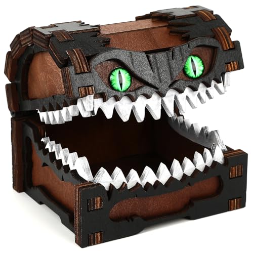 JULEASEL Mimic Dice Box – Wooden Monster Treasure Chest with Teeth & Green Eyes, Halloween Desk Decor Creepy Box, Funny Dice Storage for Tabletop...