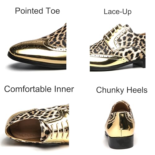 Mens Retro Brogue Leopard Patent Leather Dress Oxfords Shoes Low Top Non-Slip Square Toe Casual Wingtip Derby Shoes for Formal Business Wedding2