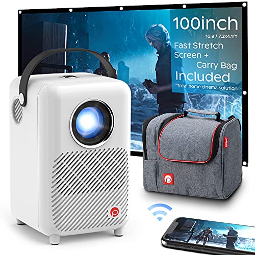 Pixthink Mini Projector with WiFi, Home Movie Projector Support 4K, Portable Outdoor Projector with Carrying Case and Projector Screen, Native 1080P Home Movie Projector for Android/iPhone