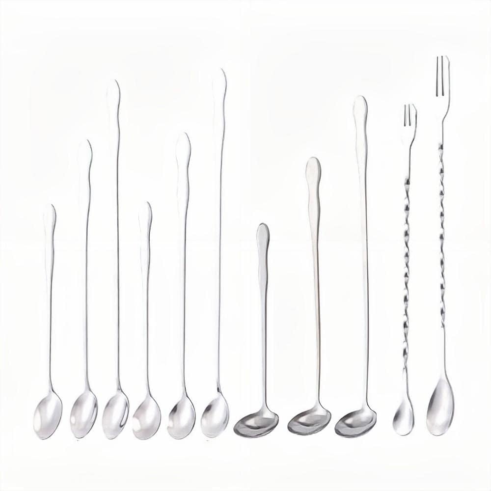 11 Pieces Set - 304 Stainless Steel Silverware Tableware Set Long Handle Bar Spoon Gourd Spoon Double Head Spoon Fork Ice Spoon Honey Measuring Spoon Stirring Spoon Seasoning Spoon