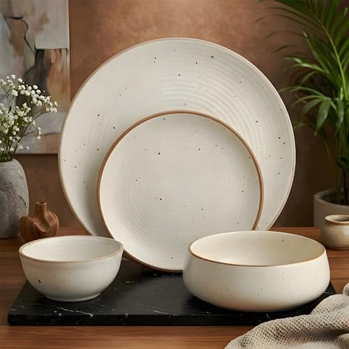 Image of Miah Decor Ceramic Dinner Set- 14-Piece Handmade Stoneware | 4 Bowls, 4 Quarter Plates, 4 Dinner Plates & 2 Serving Bowls | Off White Ribbed Matte Finish | Microwave & Dishwasher Safe | Ideal Gift