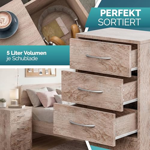 CASARIA 2X Nachttisch mit 3 Schubladen Holz Eiche – Ansicht 4