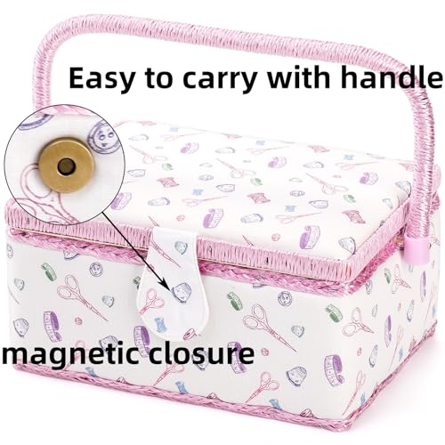 Dicunoy Sewing Box with Accessories, Large Sewing Kit Storage and Organizer Case, Vintage Wooden Sewing Baskets with Removable Tray for Adults, Sewing Mending, Beginner, Professional, Floral Print