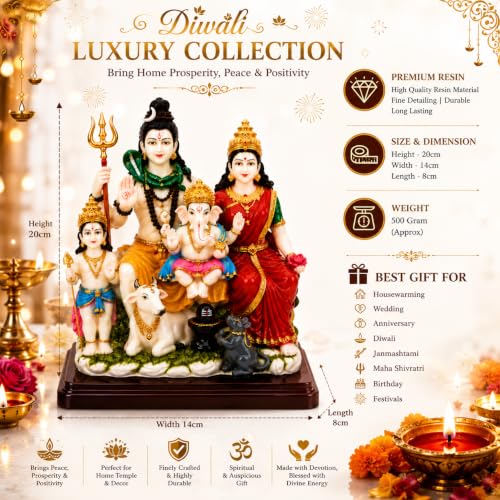 Image of Shiv Parivar Idol 8 Inch | Lord Shiva Maa Parvati Ganesh Kartikeya Murti with Nandi & Shivling | Premium Resin Mahadev Family Statue Showpiece for Home Temple, Mandir, Pooja Room | Diwali Return Gift