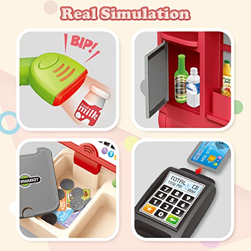Redcrab Kids Cash Register Playset, Supermarket Pretend Checkout Toy Cash Register With Scanner, Credit Card, Calculator, Play Food, Foldable Cash Register For Kids Ages 3+ Boys Girls, Preschool Gift #TOP3