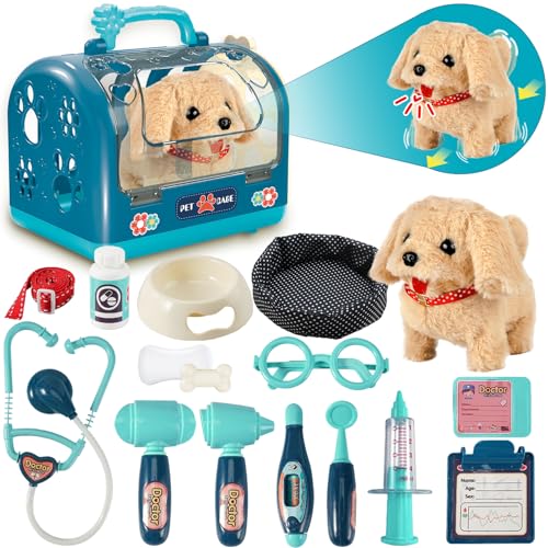 STAY GENT 17Pzs Juguete Interactivo Perro Maletin Medicos con Jaula y Estetoscopio, Eléctrico Peluche Perro Robot Que Anda y Ladra con Correa, Veterinario Regalos de Juego de rol para Niños 3-8 Años