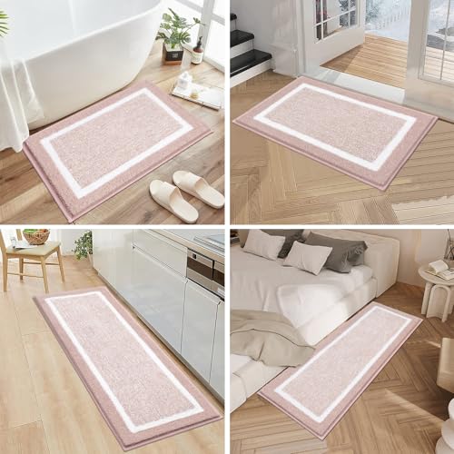 Pauwer 3-Piece Bathroom Shower Rug Set with U-Shaped Contour Toilet Mat, Absorbent Microfiber Plush Bath Mats, Non-Slip, Machine Washable Shaggy Bathroom Floor Mats, Dusty Pink