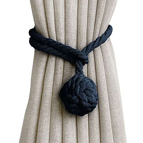 Anjee 2 Pack Curtain Tiebacks, Hand Knitting Cotton Tie Backs For Window Drapes Knot Ball Rope Holdbacks,Heavy Duty Draperies Pull Backs Ties Holders Indoor Outdoor Drapery Decorative,1 Pair Navy Blue #TOP13