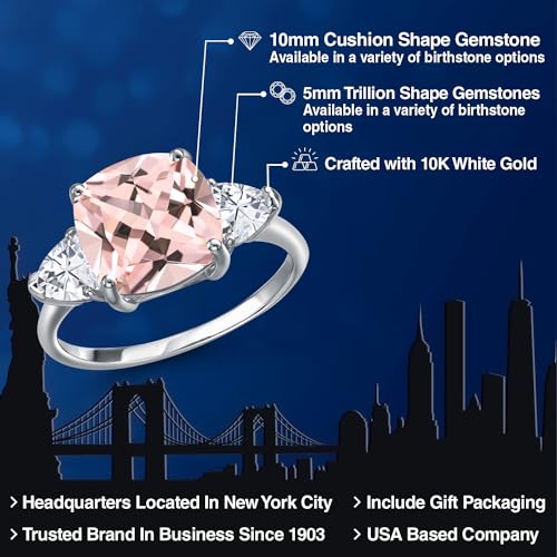 Gem Stone King 10K White Gold Peach Nano Morganite and White Moissanite Engagement Ring For Women | 5.26 Cttw | Cushion 10MM | Gemstone October Birthstone | Available in Size 5,6,7,8,92