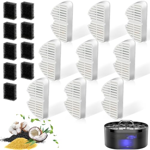 Cat Fountain Filter, 9 Pieces Filters + 9 Pieces Foam Filters for Cat Drinking Fountain, Filtering Hair (Sponge), Triple Filtration (Filter) Stück