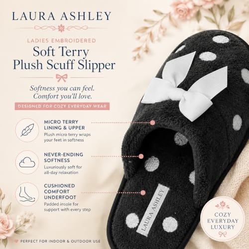 Image of Laura Ashley Ladies Embroidered Soft Terry Plush Scuff Slipper